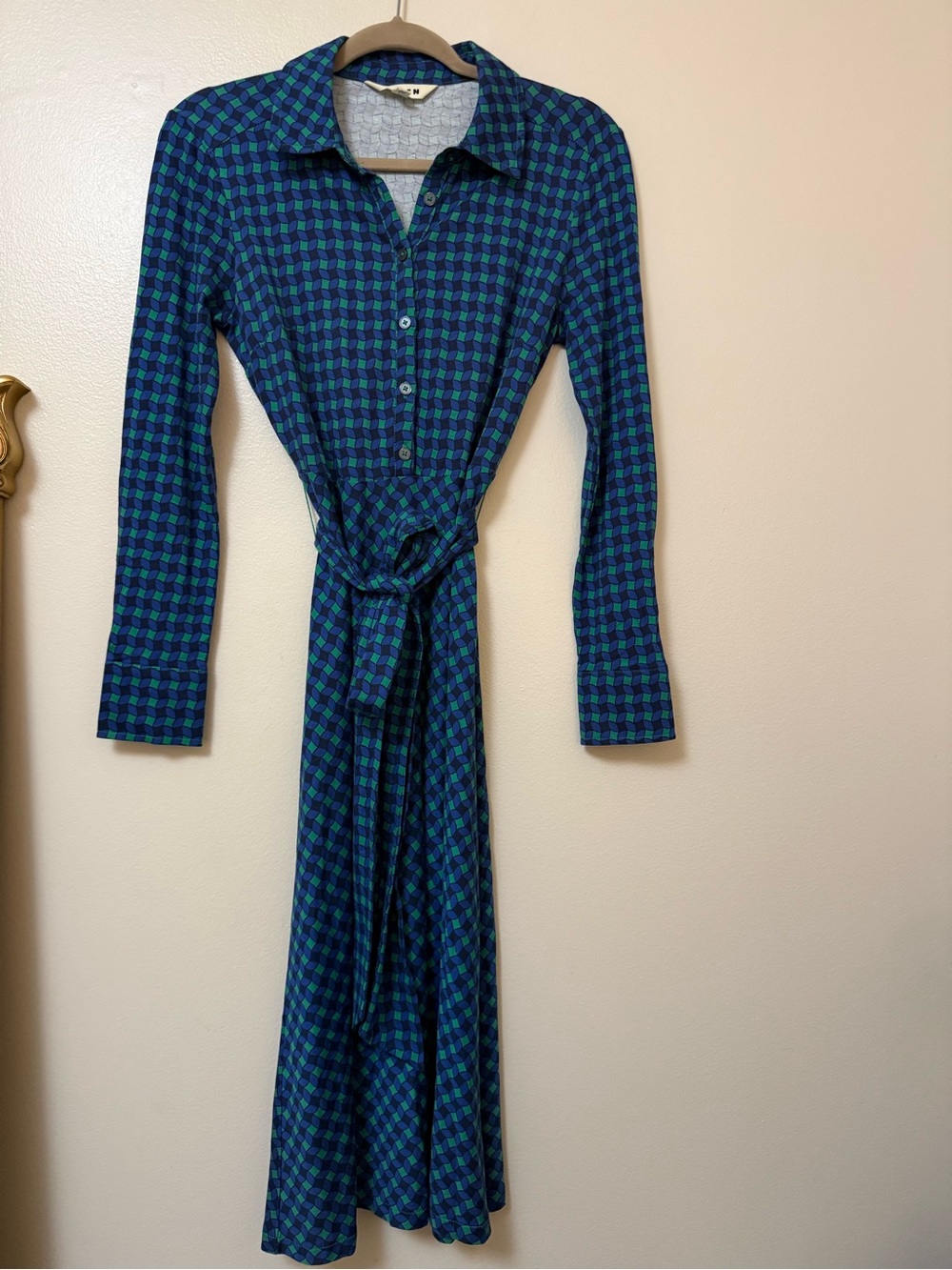 Boden cotton blend Blue & Green Geometric Shirt Dress with Tie Waist